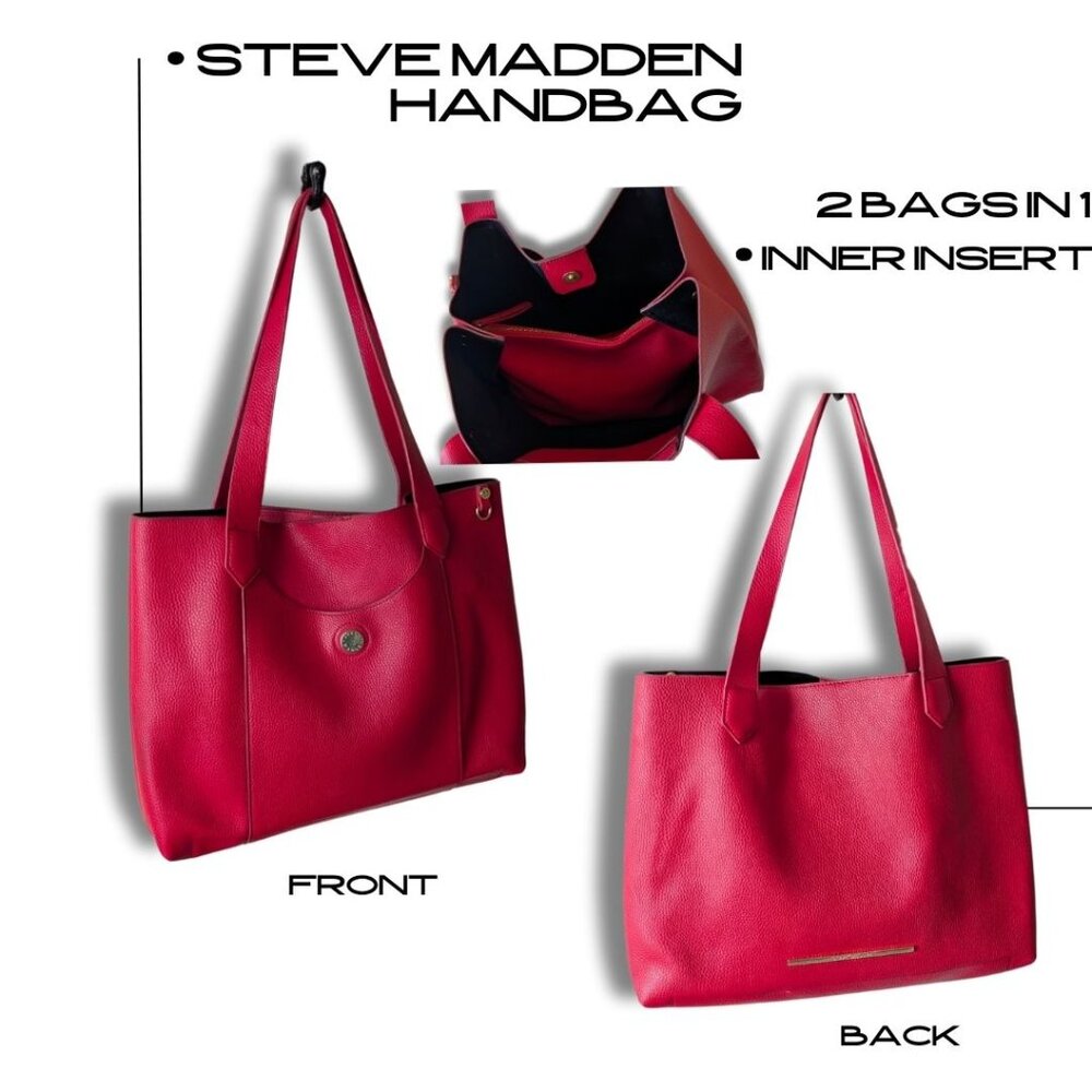 Everyday Steve Madden Cherry Red Pebbled 2‑in‑1 Tote Bag w/ Removable Pouch OS